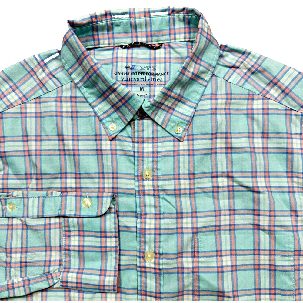 Vineyard Vines Shirt Mens Medium‎ Blue Pink Plaid On The Go OTG Performance Brrr